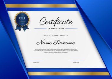 Takdir ve Başarı Sertifikası Şablon Tasarımı. Lüks rozetli ve modern hat şablonlu başarı sertifikası. Ödül, iş ve eğitim ihtiyaçları için