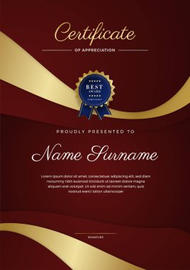 Lüks şablonlu modern sertifika şablonu, diploma. Vektör illüstrasyon ve vektör lüks prim rozet tasarımı. Altın antika rozetler ve etiketler..