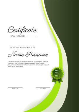 Rozetli ve sınırlı modern yeşil başarı şablonu sertifikası. Diploma, ödül, iş, üniversite, okul ve şirket için tasarlandı..