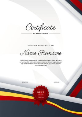 Altın rozetli ve sınırlı modern kırmızı başarı sertifikası. Lüks rozetli sertifika şablonu ve modern hat modeli. Ödül, iş ve eğitim ihtiyaçları için