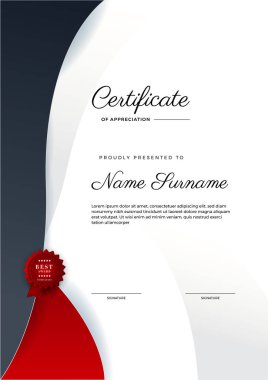 Altın rozetli ve sınırlı modern kırmızı başarı sertifikası. Lüks rozetli sertifika şablonu ve modern hat modeli. Ödül, iş ve eğitim ihtiyaçları için