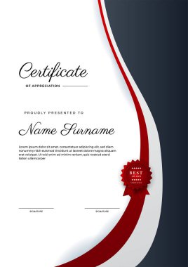 Altın rozetli ve sınırlı modern kırmızı başarı sertifikası. Lüks rozetli sertifika şablonu ve modern hat modeli. Ödül, iş ve eğitim ihtiyaçları için