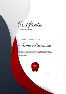 Altın rozetli ve sınırlı modern kırmızı başarı sertifikası. Lüks rozetli sertifika şablonu ve modern hat modeli. Ödül, iş ve eğitim ihtiyaçları için