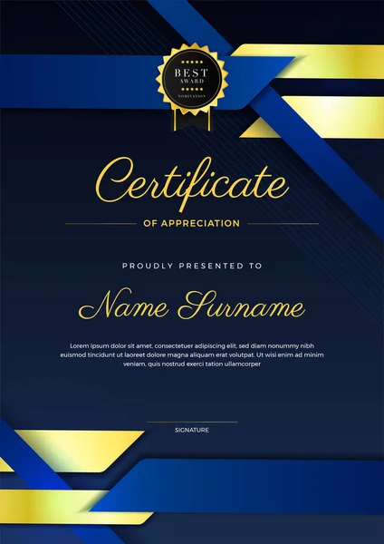 Corporate Style Geometric Dark Blue Gold Colorful Abstract Certificate Design — Stock Vector
