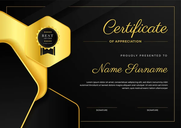 Чорний Золотий Сертифікат Шаблону Досягнень Золотим Значком Кордоном Шаблон Кордону — стоковий вектор