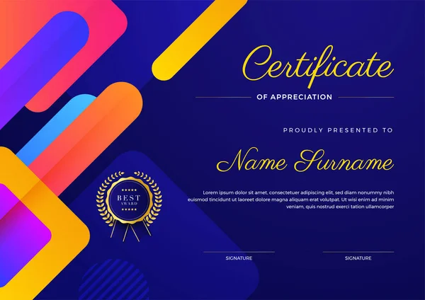 Colorful Blue Pink Orange Certificate Achievement Template Gold Badge Border — Stock Vector