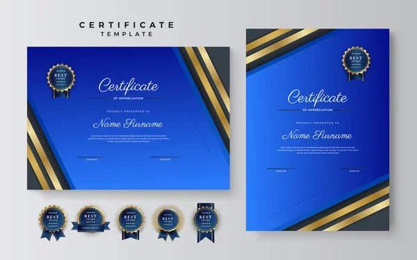 Plantilla Certificado Logro Azul Oro Con Insignia Oro Borde — Vector de stock