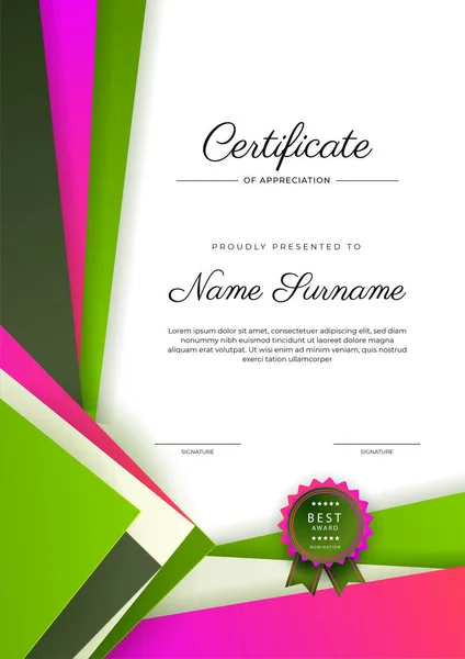 Moderno Certificado Verde Elegante Plantilla Logro Con Insignia Borde Diseñado — Archivo Imágenes Vectoriales