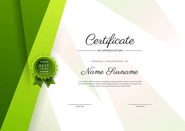 Certificado Verde Elegante Moderno Modelo Realização Com Crachá Borda Projetado — Vetor de Stock