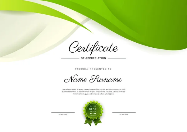Moderno Certificado Verde Elegante Plantilla Logro Con Insignia Borde Diseñado — Vector de stock