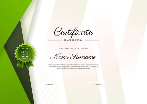 Certificado Verde Elegante Moderno Modelo Realização Com Crachá Borda Projetado —  Vetores de Stock