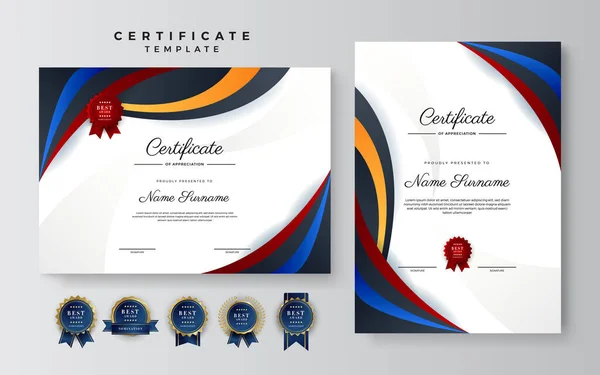 Rojo Negro Naranja Azul Certificado Oro Plantilla Logro Con Insignia — Vector de stock