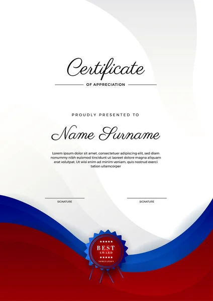Modèle Moderne Certificat Réussite Rouge Noir Bleu Avec Badge Bordure — Image vectorielle