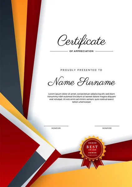 Plantilla Moderna Certificado Negro Rojo Naranja Logro Con Insignia Oro — Archivo Imágenes Vectoriales