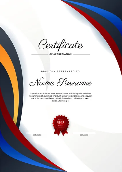 Modèle Moderne Certificat Réussite Orange Bleu Rouge Noir Avec Badge — Image vectorielle