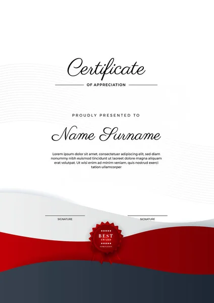 Modern Red Black Certificate Achievement Template Gold Badge Border Certificate — Stock Vector