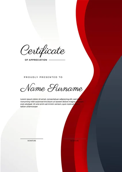 Moderno Certificado Negro Rojo Plantilla Logro Con Insignia Oro Borde — Vector de stock