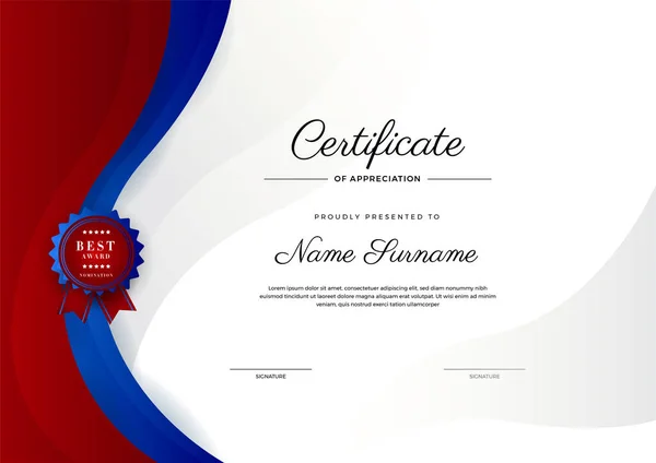 Certificado Azul Preto Vermelho Moderno Modelo Realização Com Crachá Ouro — Vetor de Stock
