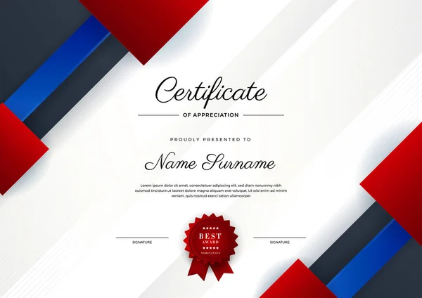 Сучасний Червоний Чорно Синій Сертифікат Шаблону Досягнень Золотим Значком Кордоном — стоковий вектор