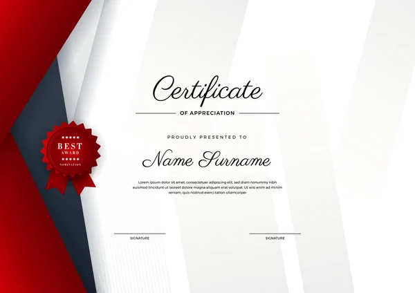 Moderno Modello Certificato Conseguimento Rosso Nero Con Distintivo Oro Bordo — Vettoriale Stock