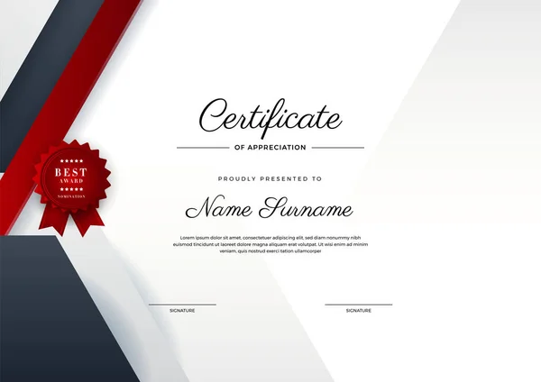 Modèle Moderne Certificat Réussite Rouge Noir Avec Badge Bordure Modèle — Image vectorielle