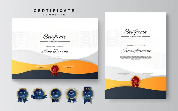 Certificat Orange Moderne Modèle Frontière Certificat Diplôme Avec Badges Pour — Image vectorielle