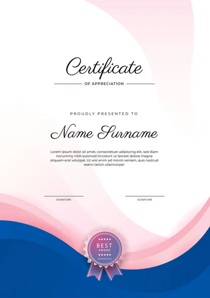 Moderno Elegante Certificado Azul Rosa Plantilla Logro Con Insignia Borde — Archivo Imágenes Vectoriales