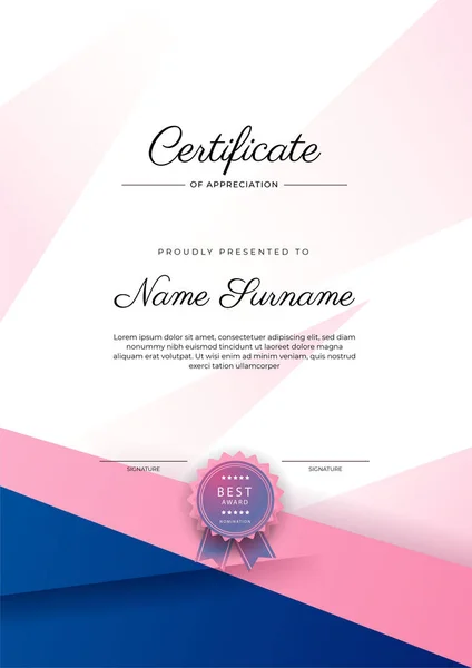 Modèle Moderne Élégant Certificat Réussite Bleu Rose Avec Badge Bordure — Image vectorielle