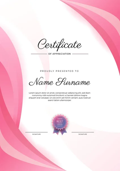 Modèle Moderne Élégant Certificat Réussite Bleu Rose Avec Badge Bordure — Image vectorielle