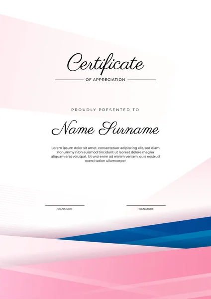 现代典雅的蓝色和粉色成绩证书模板与徽章和边界 设计为文凭 学校和企业 — 图库矢量图片
