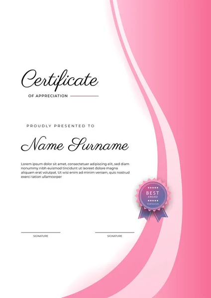 Moderno Elegante Certificado Azul Rosa Plantilla Logro Con Insignia Borde — Archivo Imágenes Vectoriales