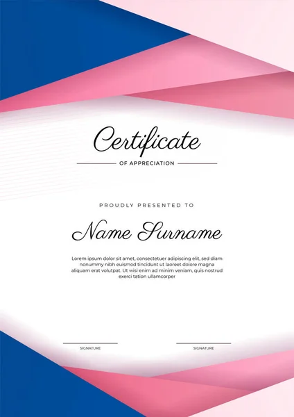 Moderno Elegante Modello Certificato Conseguimento Blu Rosa Con Distintivo Bordo — Vettoriale Stock