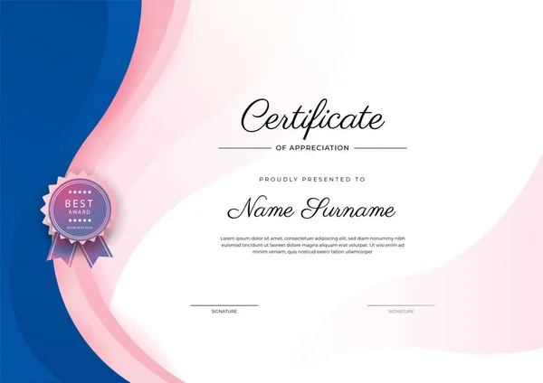 Moderní Elegantní Modrý Růžový Certifikát Úspěchu Šablony Odznakem Okrajem Navrženo — Stockový vektor