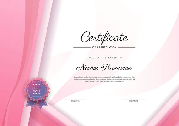 Moderno Elegante Certificado Azul Rosa Plantilla Logro Con Insignia Borde — Vector de stock