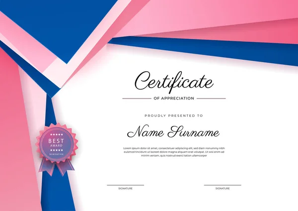 Modern Elegant Blue Pink Certificate Achievement Template Badge Border Designed — Stock Vector