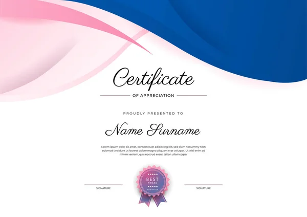 Modern Elegant Blue Pink Certificate Achievement Template Badge Border Designed — Stock Vector