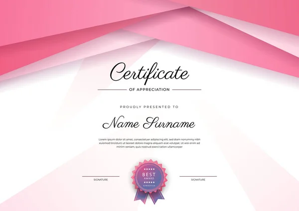 Modern Elegant Blauw Roze Certificaat Van Prestatie Sjabloon Met Badge — Stockvector
