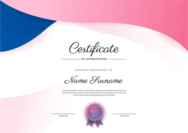 Nowoczesny Elegancki Niebieski Różowy Certyfikat Osiągnięć Szablon Odznaką Obwódką Zaprojektowany — Wektor stockowy