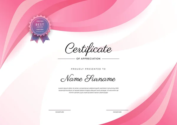 Moderno Elegante Certificado Azul Rosa Modelo Realização Com Crachá Borda — Vetor de Stock