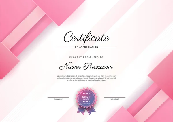 Moderno Elegante Modello Certificato Conseguimento Blu Rosa Con Distintivo Bordo — Vettoriale Stock