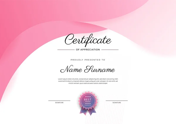 Moderno Elegante Certificado Azul Rosa Modelo Realização Com Crachá Borda —  Vetores de Stock
