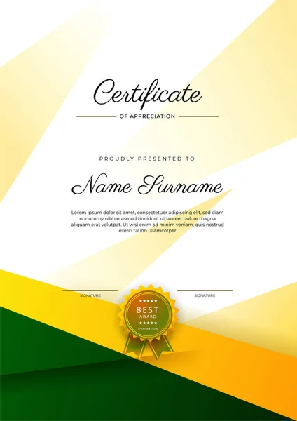 Moderno Elegante Certificado Amarillo Negro Plantilla Logro Con Insignia Borde — Vector de stock