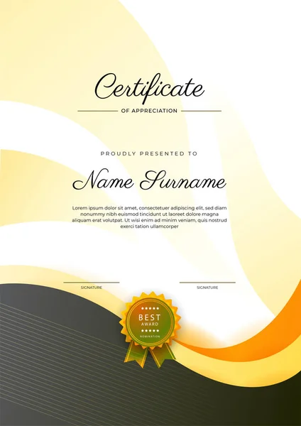 Moderno Elegante Certificado Amarillo Negro Plantilla Logro Con Insignia Borde — Archivo Imágenes Vectoriales