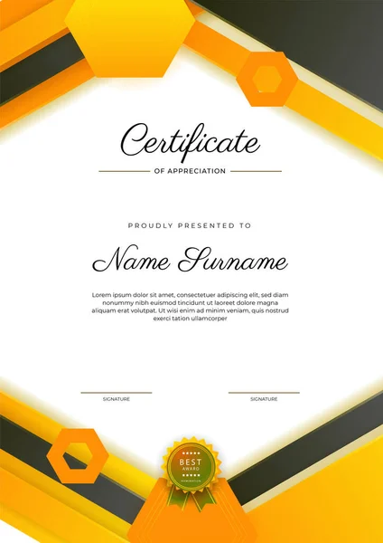 Сучасний Елегантний Жовтий Чорний Сертифікат Шаблону Досягнень Значком Рамкою Розроблений — стоковий вектор