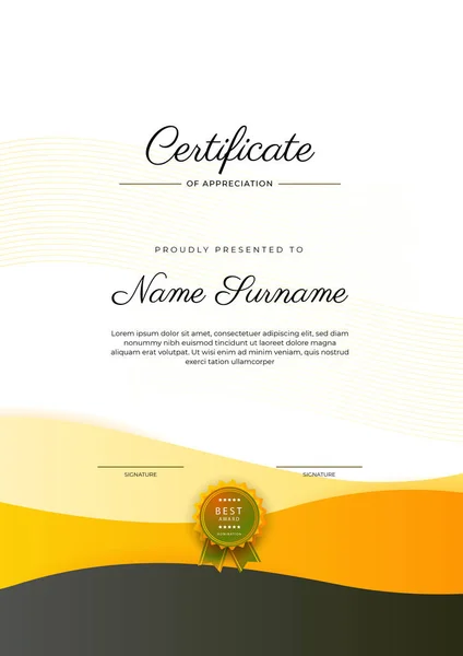 Moderno Elegante Certificado Amarillo Negro Plantilla Logro Con Insignia Borde — Vector de stock