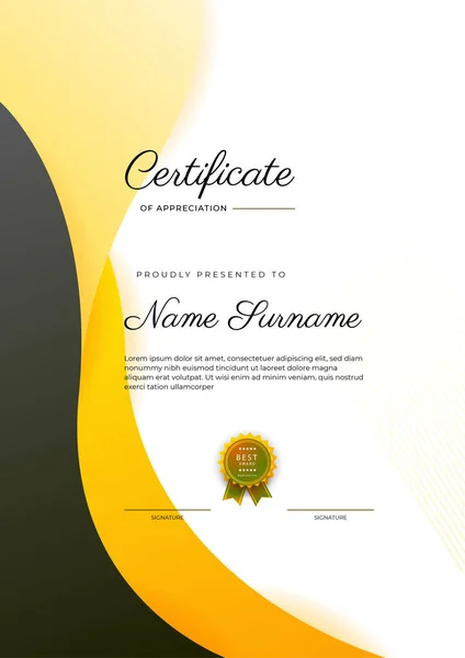 Moderno Elegante Certificado Amarillo Negro Plantilla Logro Con Insignia Borde — Archivo Imágenes Vectoriales