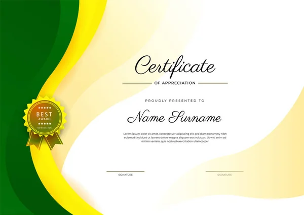 Nowoczesny Elegancki Żółty Czarny Certyfikat Osiągnięć Szablon Odznaką Obwódką Zaprojektowany — Wektor stockowy