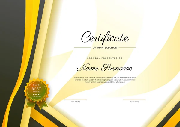 Certificado Moderno Elegante Amarelo Preto Modelo Realização Com Crachá Borda — Vetor de Stock
