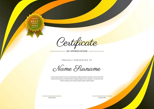 Современный Элегантный Желтый Черный Сертификат Достижения Шаблон Значком Границы Предназначен — стоковый вектор