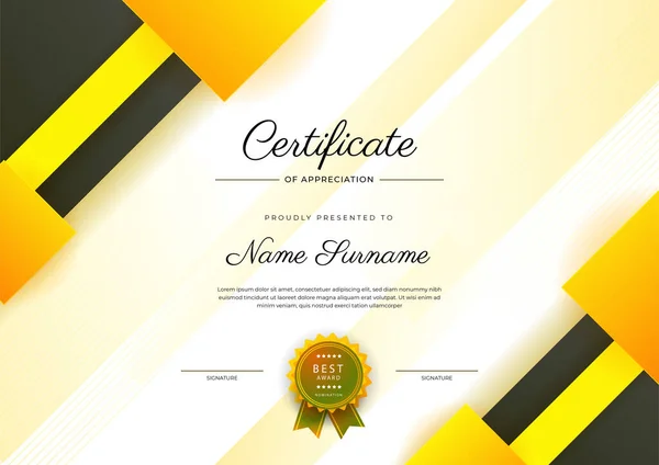 Certificado Moderno Elegante Amarelo Preto Modelo Realização Com Crachá Borda —  Vetores de Stock